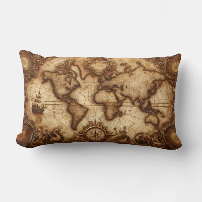 Vintage Nautical World Map Lumbar Cushion (Front)
