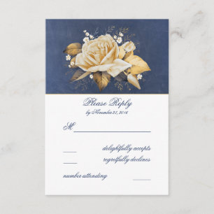 Vintage Navy and Gold Floral Wedding RSVP Card