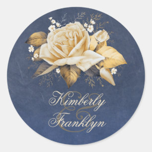 Vintage Navy and Gold Rose Wedding Classic Round Sticker