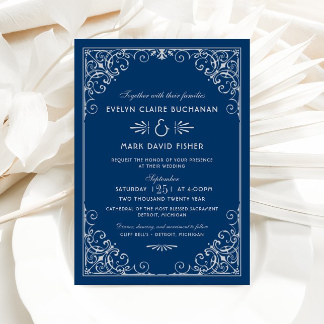  Vintage Navy and Silver Art Deco Wedding Invitation (Creator Uploaded)