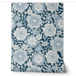 Vintage Navy and Steel Blue Groovy Floral Boho Wallpaper