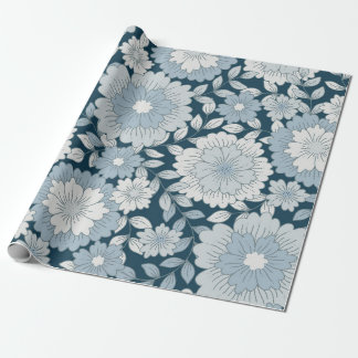 Vintage Navy and Steel Blue Groovy Floral Wrapping Paper