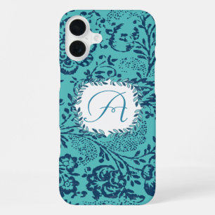 Vintage Navy Aqua Mint Damask Monogram iPhone 16 Plus Case