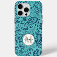Vintage Navy Aqua Yellow Damask Personalise iPhone