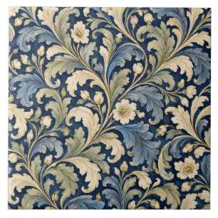 Vintage Navy Blue Acanthus Botanical Ceramic Tile
