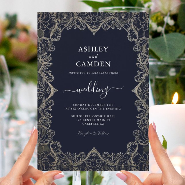 Vintage Navy Blue and Lace Wedding Invitation (Creator Uploaded)