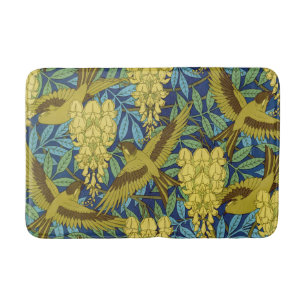 Vintage Navy Blue Bird & Yellow Floral Pattern Bath Mat