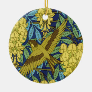 Vintage Navy Blue Bird & Yellow Floral Pattern Ceramic Tree Decoration