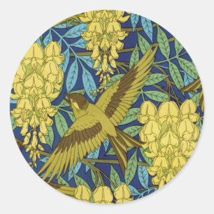 Vintage Navy Blue Bird & Yellow Floral Pattern Classic Round Sticker