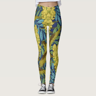 Vintage Navy Blue Bird & Yellow Floral Pattern Leggings