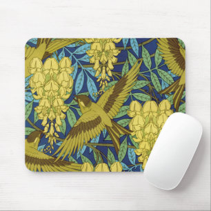 Vintage Navy Blue Bird & Yellow Floral Pattern Mouse Pad