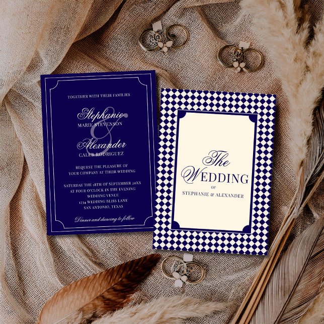 Vintage Navy Blue Chequered Old Money Wedding Invitation (Creator Uploaded)