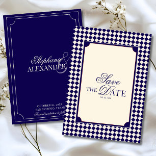 Vintage Navy Blue Chequered Old Money Wedding Save The Date