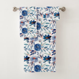 Vintage Navy Blue Dusty Floral Pattern Bath Towel Set