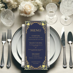 Vintage Navy Blue Faux Gold Elegant Wedding Menu