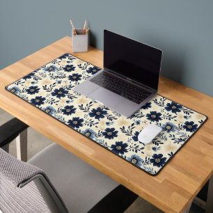 Vintage Navy Blue Floral Cottagecore Aesthetic Desk Mat