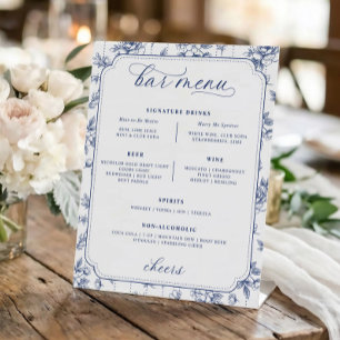 Vintage Navy Blue Floral Toile Bar Menu Wedding Pedestal Sign