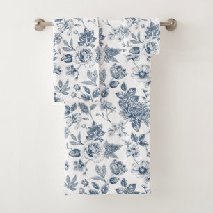 Vintage Navy Blue Floral Toile-De-Jouy Pattern Bath Towel Set