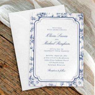 Vintage Navy Blue Floral Toile Frame Wedding Invitation