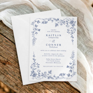 Vintage Navy Blue French Floral Elegant Wedding Invitation