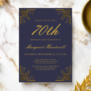 Vintage Navy Blue Gold 70th Birthday Invitation