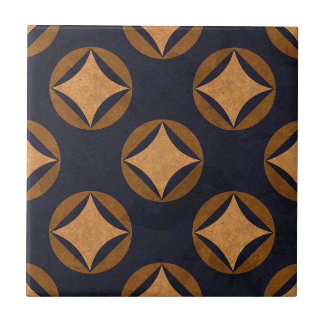 Vintage Navy Blue Gold Abstract Geometric Pattern Tile (Front)