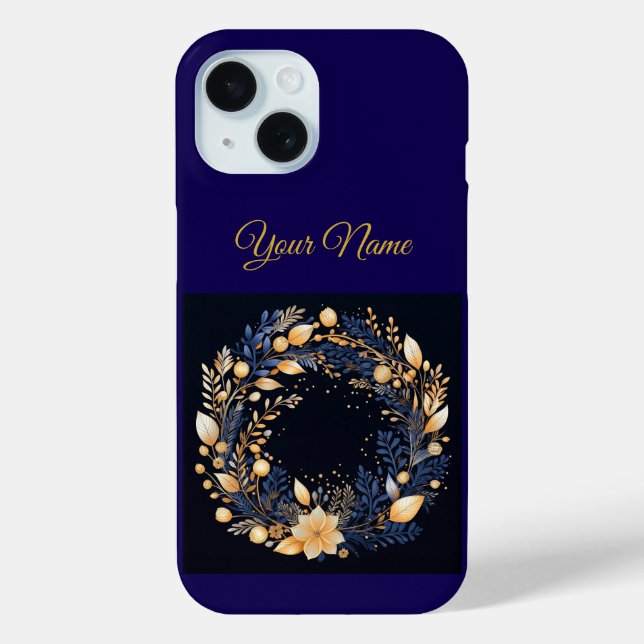 Vintage Navy Blue & Gold Christmas iPhone 15 Case (Back)