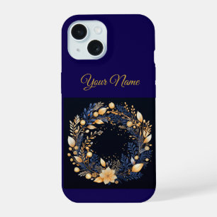 Vintage Navy Blue & Gold Christmas iPhone 15 Case