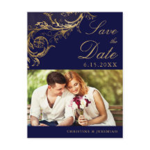 Vintage Navy Blue Gold Damask Photo Save the Date