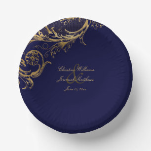 Vintage Navy Blue Gold Floral Damask Wedding Paper Plate