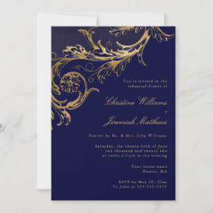 Vintage Navy Blue Gold Floral Rehearsal Dinner Invitation