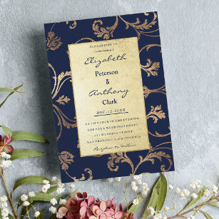 Vintage navy blue gold glitter damask Wedding  Invitation