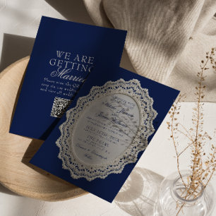 Vintage Navy Blue Lace Doily QR Code Wedding  Invitation