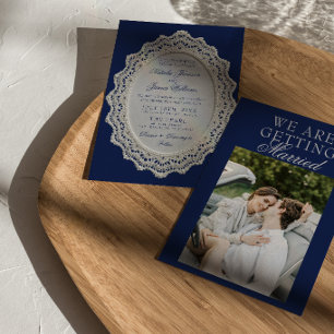 Vintage Navy Blue Lace Old Money Photo Wedding  Invitation
