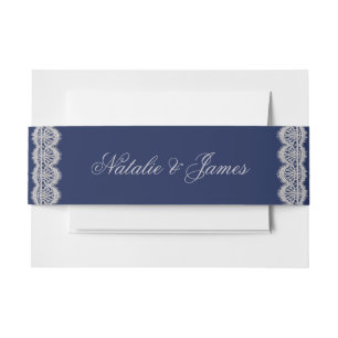 Vintage Navy Blue Lace Old Money Wedding Invitation Belly Band