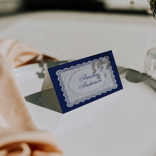 Vintage Navy Blue Lace Wedding Place Cards (Creator Uploaded)