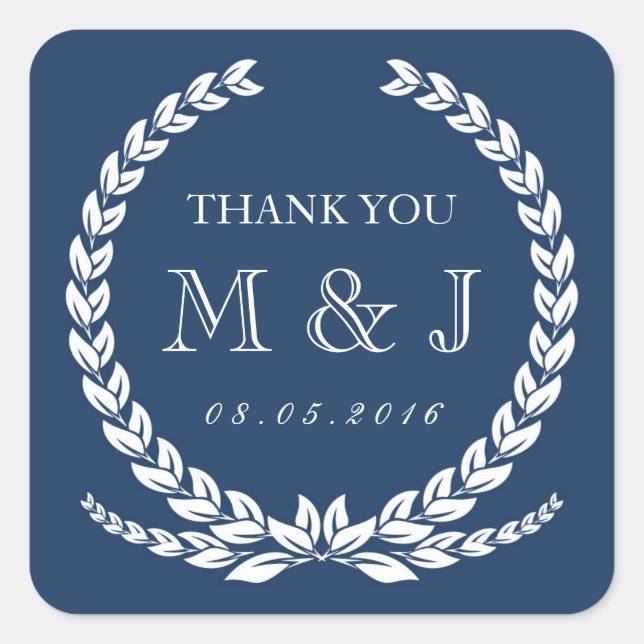 Vintage Navy Blue Laurel Wreath Wedding Sticker (Front)