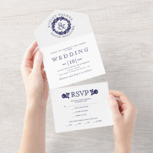 Vintage navy blue rose wreath on white wedding all all in one invitation