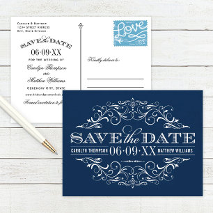 Vintage Navy Blue Scrollwork Save the Date Announcement Postcard