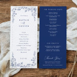 Vintage Navy Blue Victorian Floral French Wedding Programme<br><div class="desc">Classic navy tones create a polished and timeless look for this vintage French wedding program, ideal for a refined and elegant celebration. The design features a graceful chinoiserie floral frame with intricate floral artwork inspired by Victorian botanical illustration and traditional toile de jouy patterns. The deep blue wedding palette adds...</div>