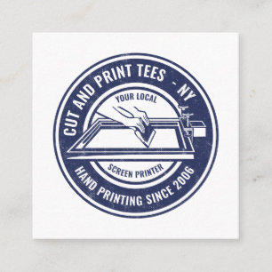 Vintage navy blue white circle logo screen printer square business card