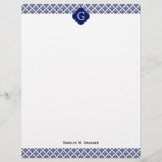 Vintage Navy Blue White Damask #3 Navy Monogram (Front)