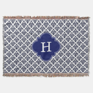 Vintage Navy Blue White Damask #3 Navy Monogram Throw Blanket