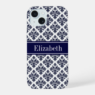 Vintage Navy Blue Wht Damask #3 Navy Name Monogram iPhone 15 Case