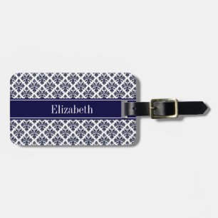 Vintage Navy Blue Wht Damask #3 Navy Name Monogram Luggage Tag