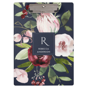 VINTAGE NAVY BLUSH PINK BURGUNDY PROTEA FLORAL CLIPBOARD