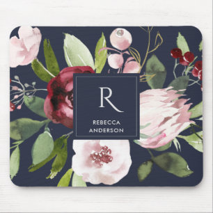 VINTAGE NAVY BLUSH PINK BURGUNDY PROTEA FLORAL MOUSE PAD