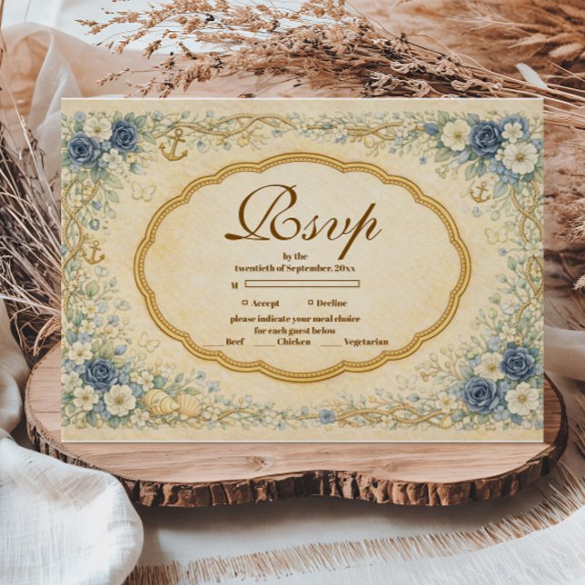 Vintage Navy Coastal Quinceañera RSVP Card (Creator Uploaded)