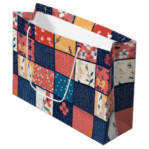 Vintage Navy Coral Floral Patchwork Quilt Large Gift Bag