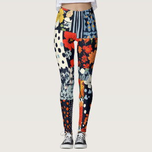 Vintage Navy Coral Floral Patchwork Quilt Leggings
